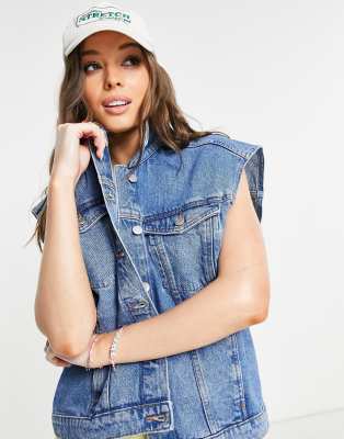 Джинсовые куртки  Asos Синяя выбеленная джинсовая куртка без рукавов из органического хлопка Monki Rita-Голубой