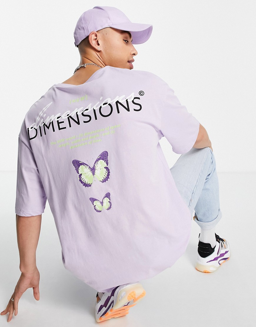 фото Сиреневая футболка в стиле oversized с принтом "dimensions" на спине jack & jones originals-черный цвет