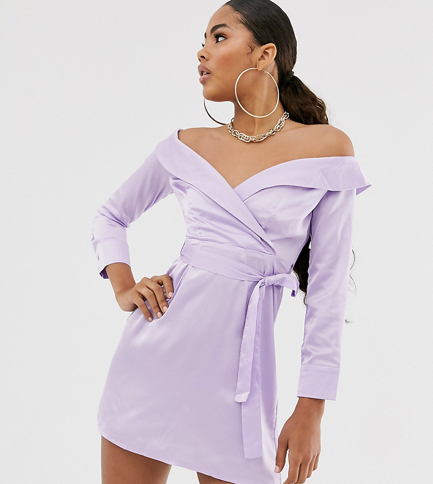 фото Сиреневое атласное платье с открытыми плечами missguided tall-фиолетовый