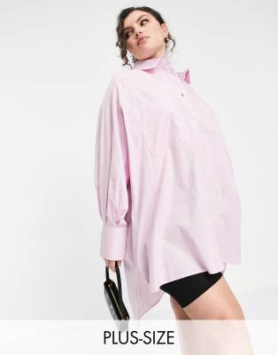 фото Сиреневое платье-рубашка в стиле oversized с объемными рукавами threadbare plus size-сиреневый threadbare curve