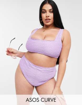  Сиреневые фактурные трусы бикини с завышенной талией и сборками ASOS DESIGN Curve-Фиолетовый цвет