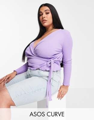 фото Сиреневый топ в рубчик на запахе с завязкой asos design curve-фиолетовый цвет asos curve