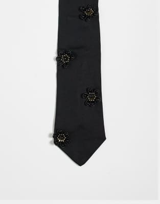 Sister Jane 3D beaded floral neck tie in black