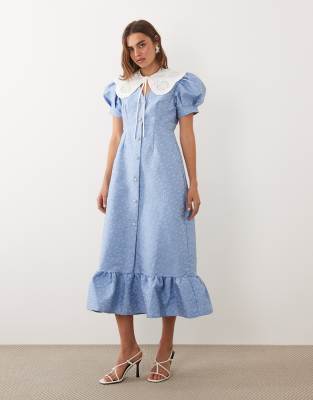 Sister Jane Alice Jacquard Frill Hem Midi Dress With Removable Lace Collar In Blue