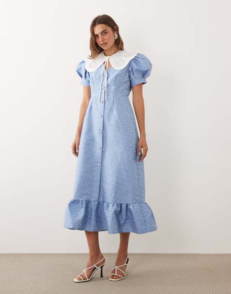 Sister Jane Alice jacquard frill hem midi dress with removable lace collar in blue - view 1