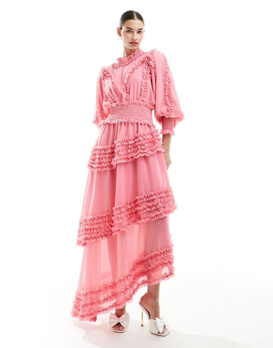 Sister Jane Almond Blossom ruffle maxi dress in bright pink