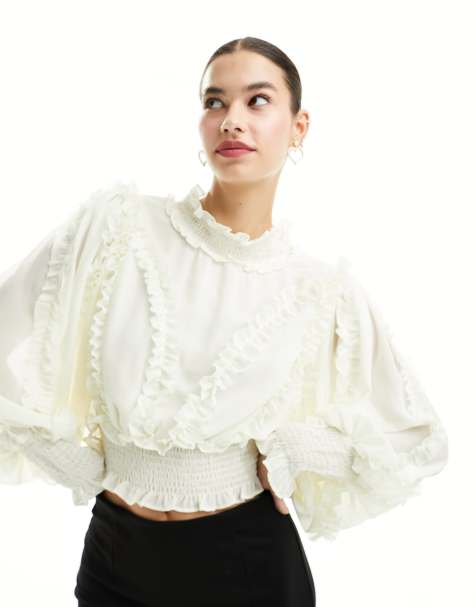 ASOS LUXE pussy bow puff sleeve lace top in white