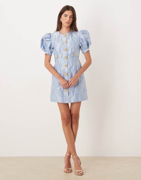 Sister Jane Anemone Exclusive jacquard puff sleeve gold flower button-up mini dress in cerulean blue - view 1