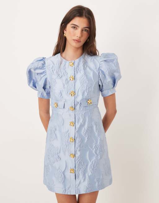 Sister Jane Anemone Exclusive jacquard puff sleeve gold flower button-up  mini dress in cerulean blue