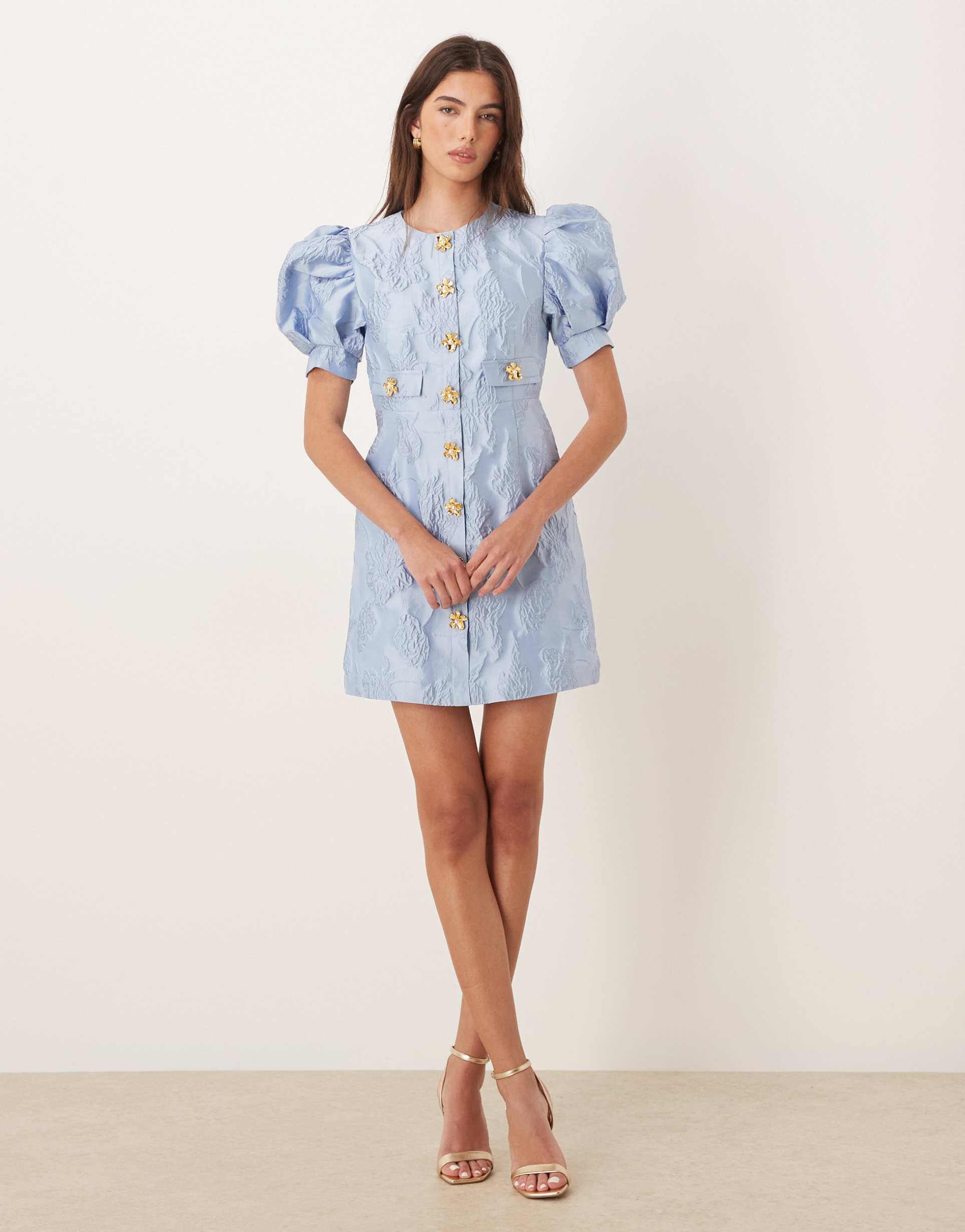 sister jane anemone exclusive jacquard puff sleeve gold-tone flower button up mini dress in cerulean blue