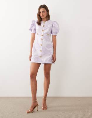 Sister Jane Anemone Exclusive Jacquard Puff Sleeve Round Neck Mini Dress In Pink