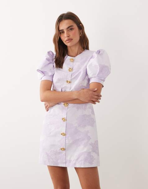 Sister Jane Anemone exclusive jacquard puff sleeve round neck mini dress in soft lilac floral - view 1
