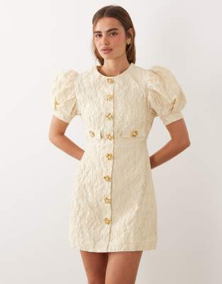 Sister Jane Anemone Exclusive Jacquard Round Neck Puff Sleeve Mini Dress In White