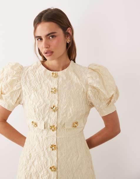 Sister Jane Anemone Exclusive jacquard round neck puff sleeve mini dress in butter yellow - view 1