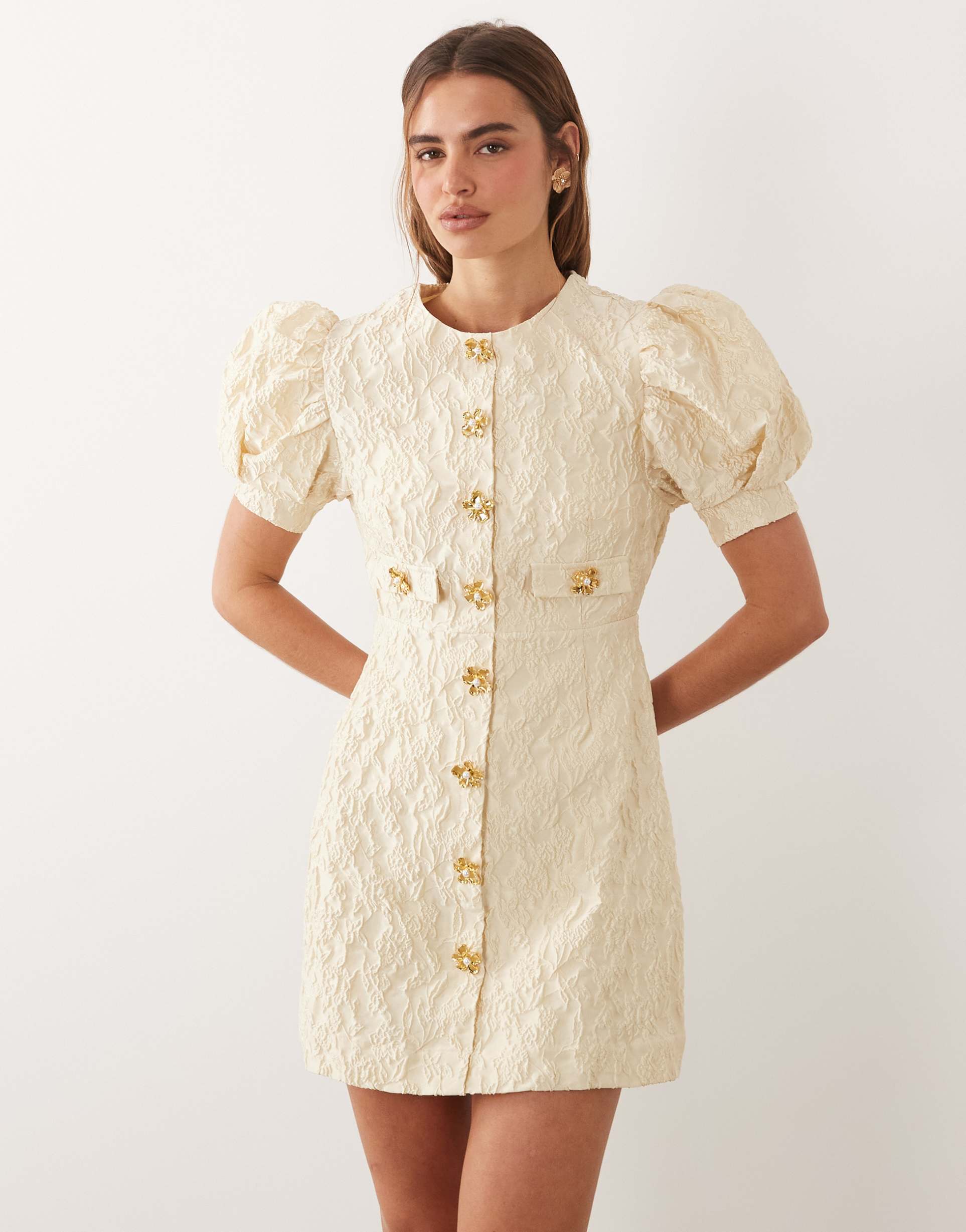 sister jane anemone exclusive jacquard round neck puff sleeve mini dress in butter yellow