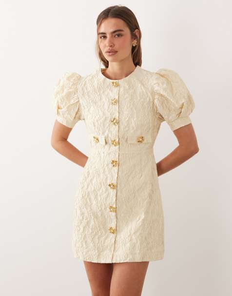 Sister Jane - Anemone - Exclusive - Mini jurk van jacquard met ronde hals en pofmouwen in botergeel - view 1