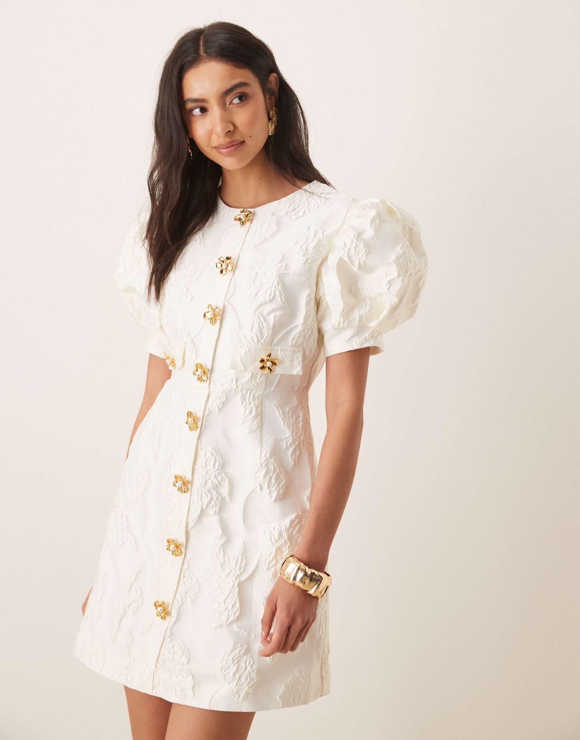 sister jane anemone jacquard puff sleeve gold tone flower button up mini dress in ivory