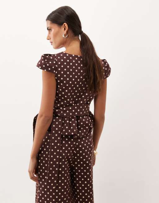 Sister Jane Arles top peplo in cotone con scollo a V, maniche ad aletta, co-ord, a pois crema, 4 di 4