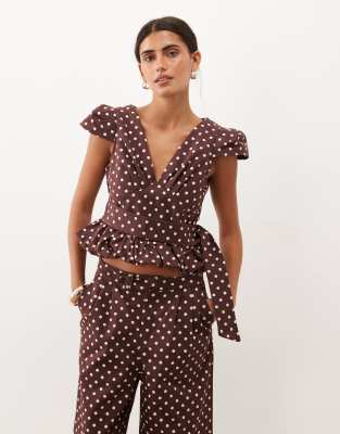 Sister Jane Arles V-neck Cap Sleeve Peplum Top In Brown