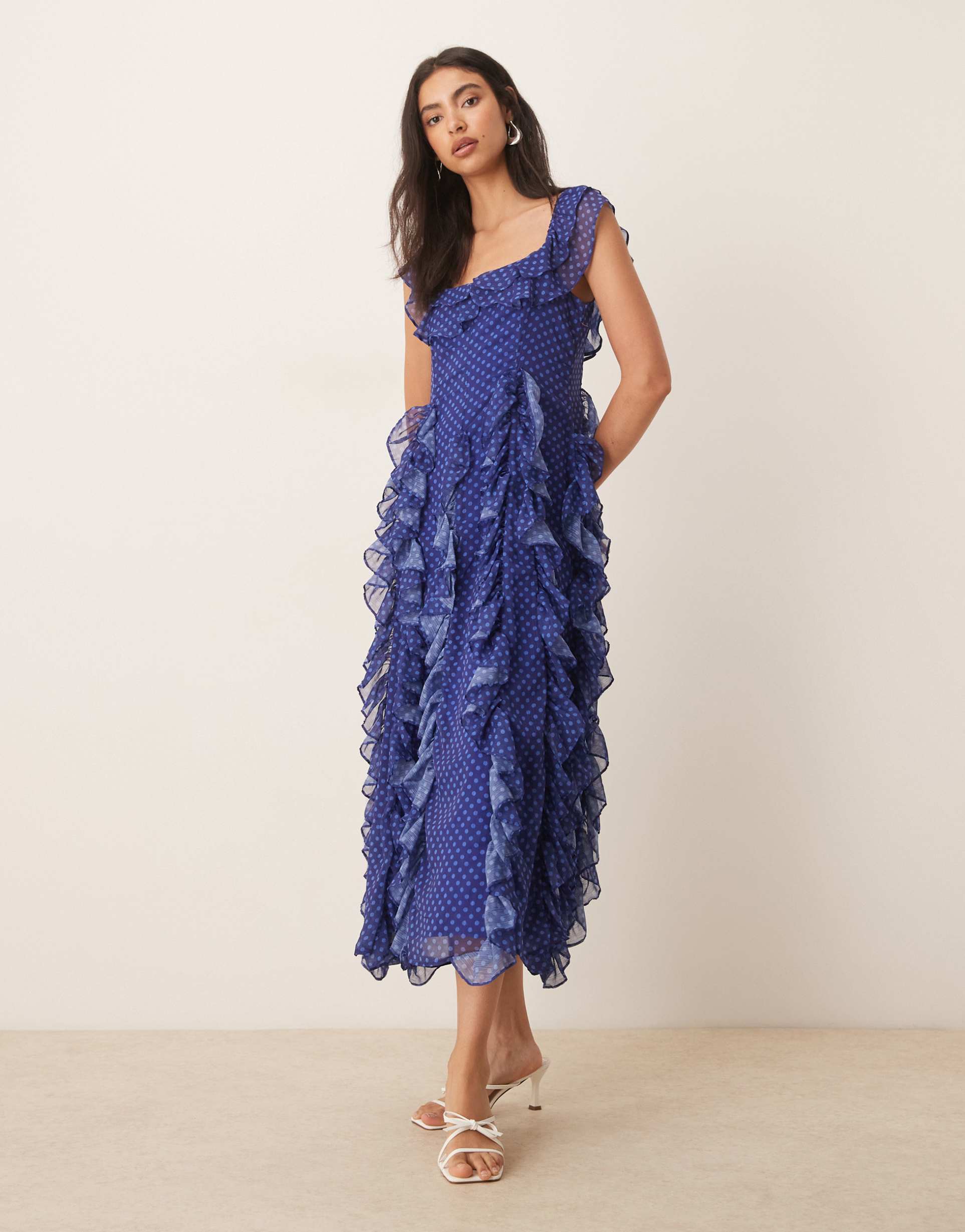 sister jane aster flounce maxi dress in blue polka dots