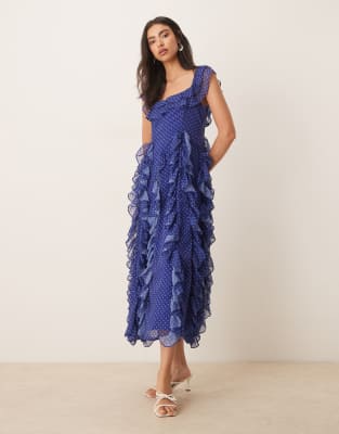 Sister Jane - Aster - Gepunktetes Volant-Maxikleid in Blau