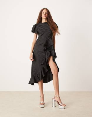 asymmetric ruffle midi dress in black