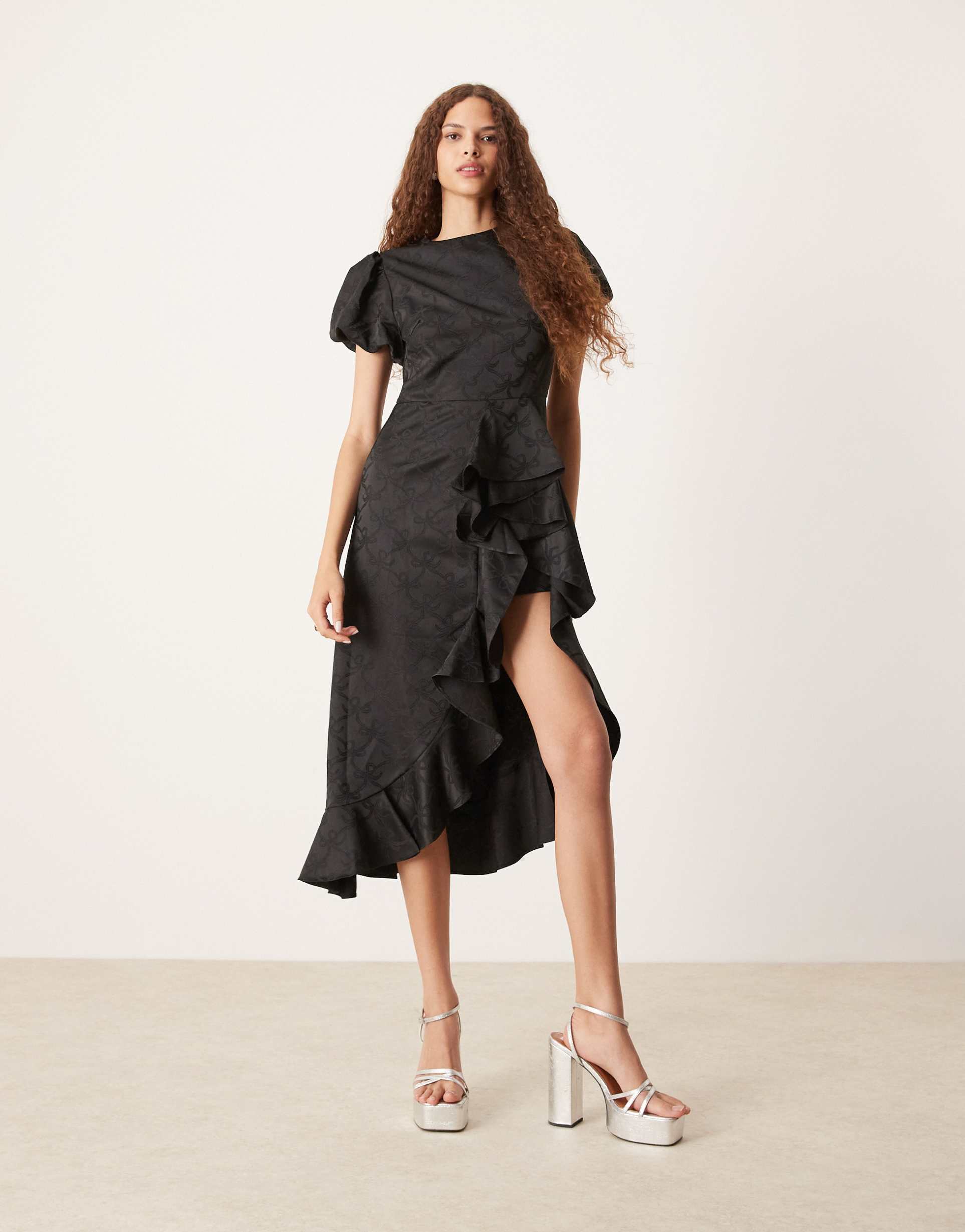 sister jane asymmetric ruffle midi dress in black