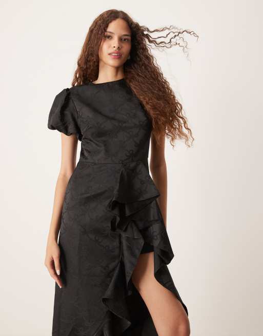 Sister Jane asymmetric ruffle midi dress in black