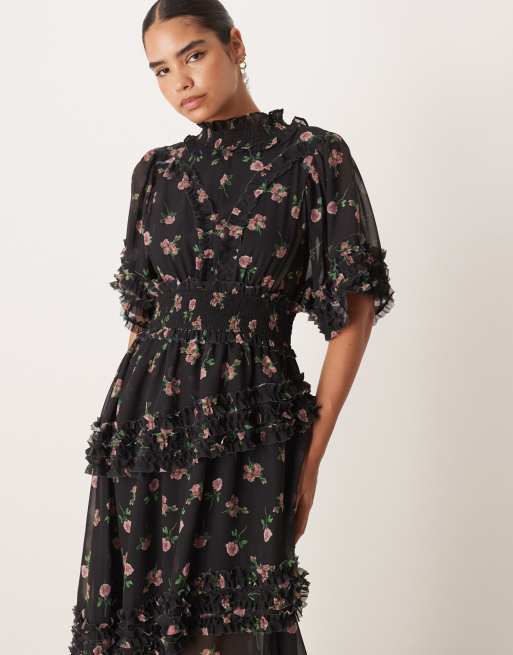 Sister Jane – Asymmetrisches Maxikleid in schwarz geblümt mit geraffter Taille, 2 von 4