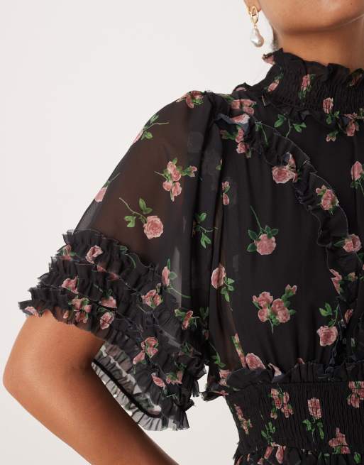 Sister Jane – Asymmetrisches Maxikleid in schwarz geblümt mit geraffter Taille, 3 von 4