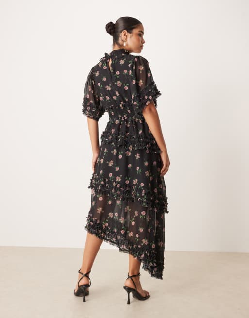Sister Jane – Asymmetrisches Maxikleid in schwarz geblümt mit geraffter Taille, 4 von 4
