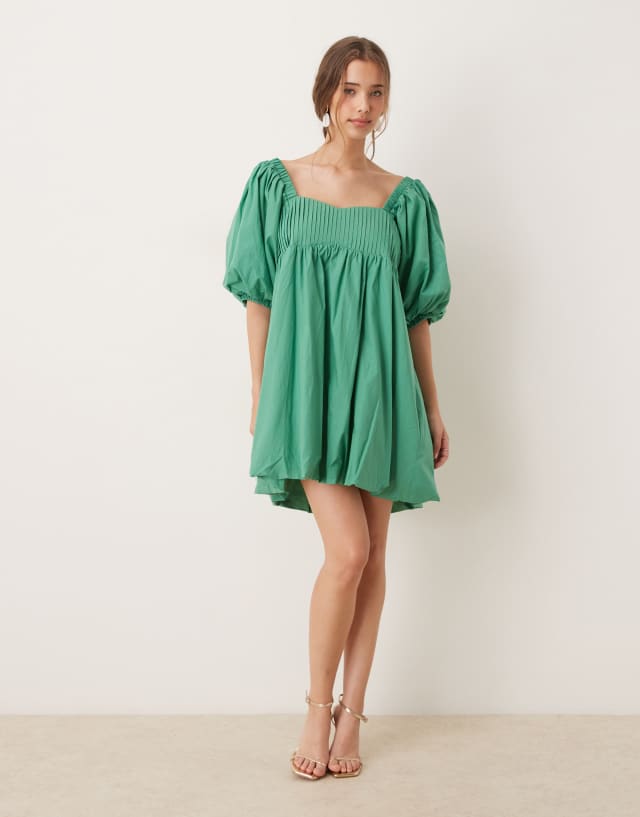 Sister Jane Balloon Sleeve Babydoll Mini Dress in Green