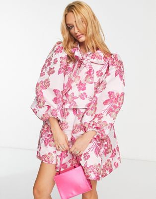 Sister Jane balloon sleeve jacquard smock dress with pussybow in pink floral