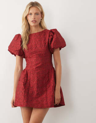 Sister Jane Bilberry Exclusive Jacquard Round Neck Puff Sleeve Mini Dress In Red