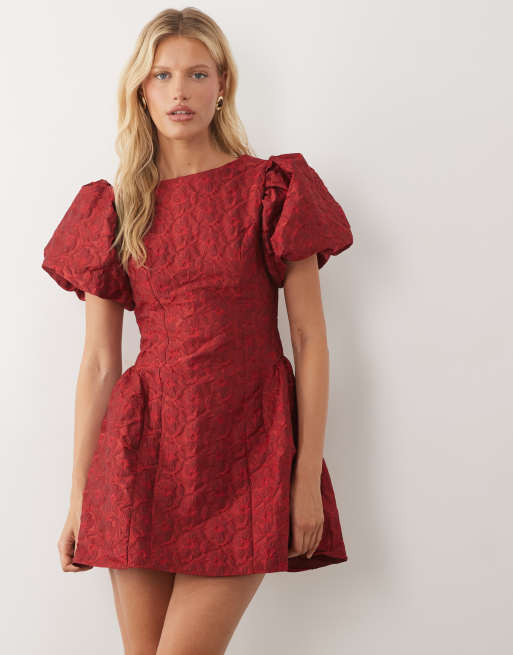 deep red mini dress Just A Girl Dark 100% Polyester Size AU 8 / US 4 garment measurements Sister Jane - Jacquard Puff