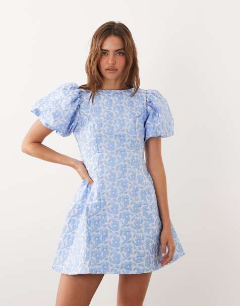 Sister Jane Bilberry jacquard round neck puff sleeve mini dress in light blue floral - view 1