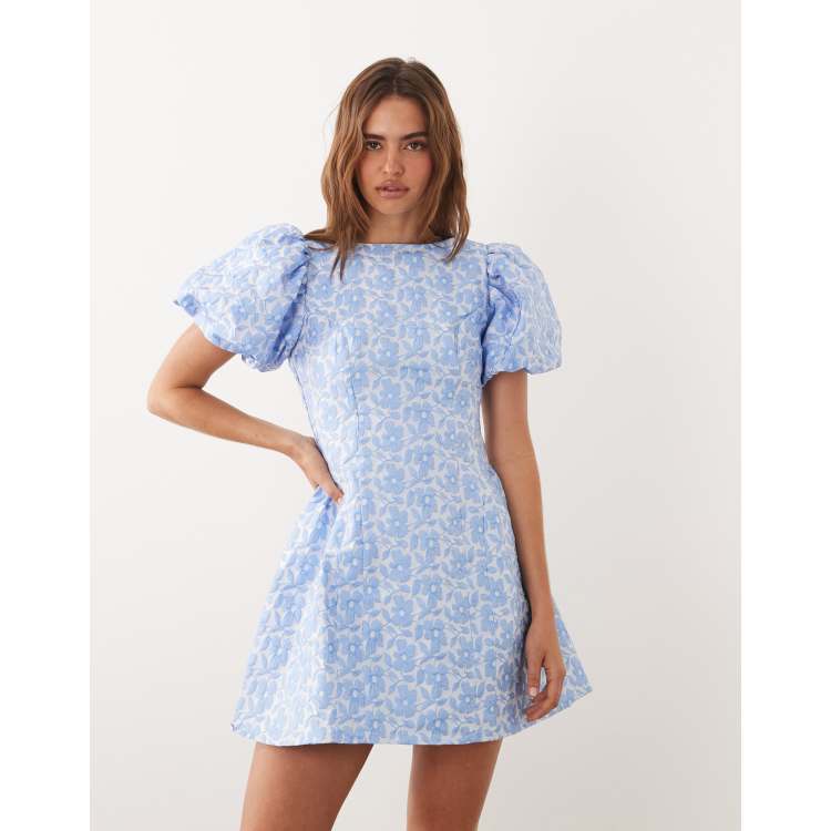 Sister Jane Bilberry jacquard round neck puff sleeve mini dress in