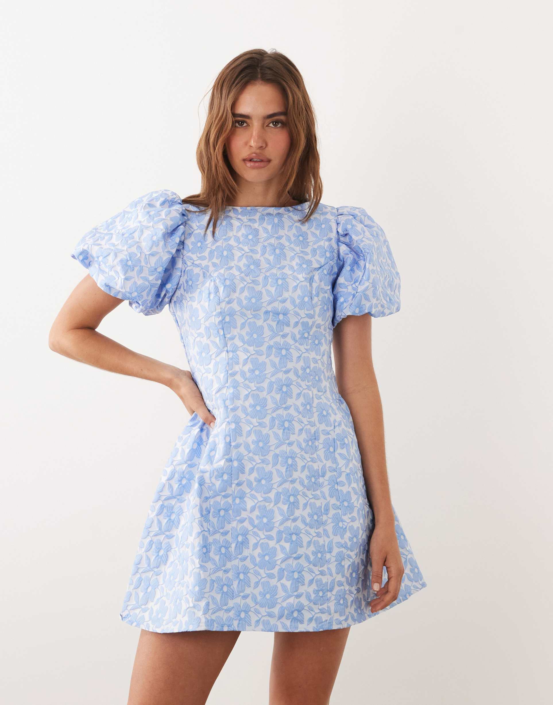 sister jane bilberry jacquard round neck puff sleeve mini dress in light blue floral