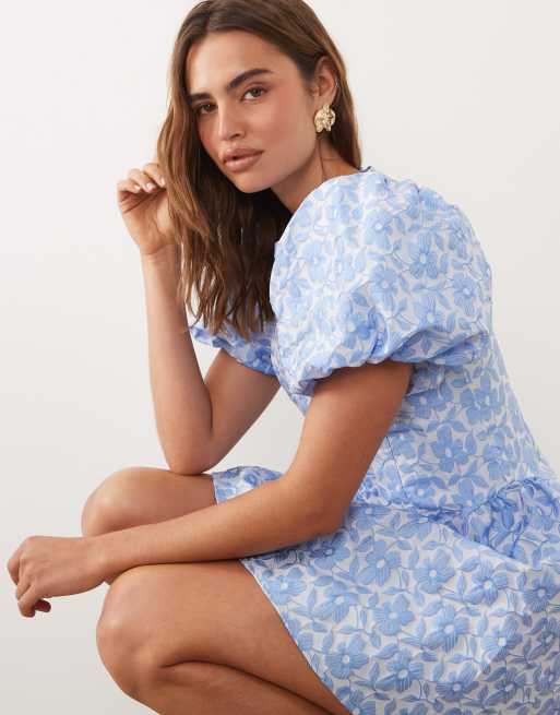 Sister Jane Bilberry jacquard round neck puff sleeve mini dress in
