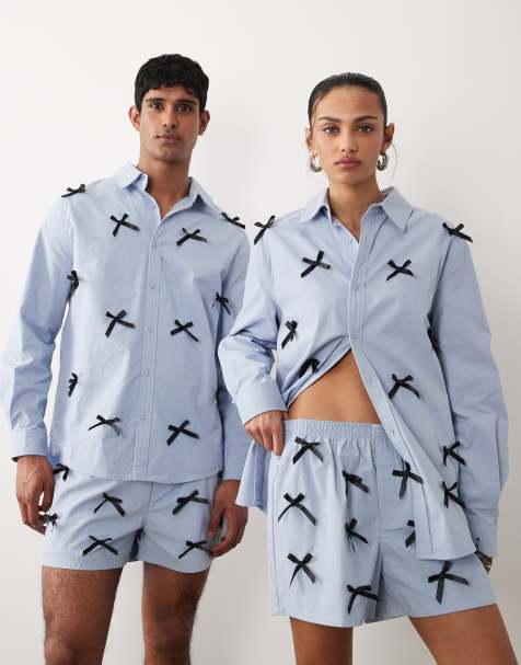 Sister Jane – Blå, kritstrecksrandiga shorts i ren bomull och unisex-modell med rosett, del av set - view 1