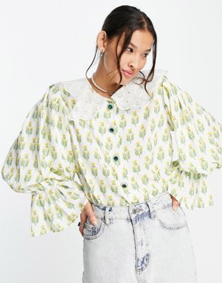 Sister Jane blouse in floral with embroidered collar