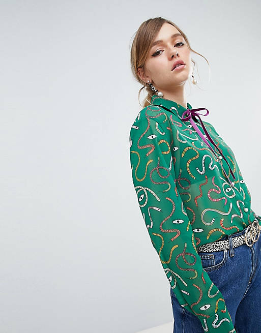 Sister Jane Blouse With Ribbon Tie Collar In All Over Snake Venom Print