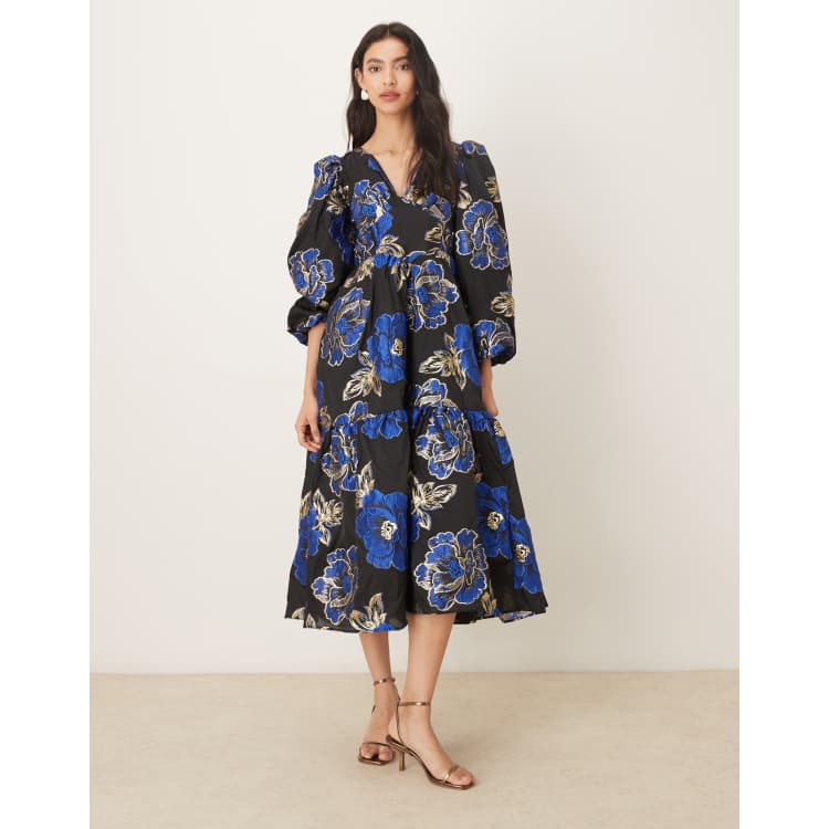 Sister Jane Blues midi dress in black with blue floral jacquard | ASOS