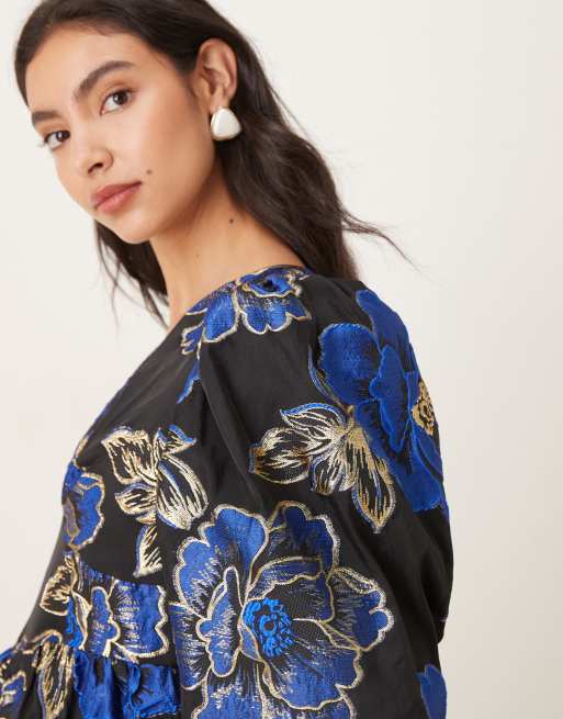Sister Jane Blues midi dress in black with blue floral jacquard | ASOS