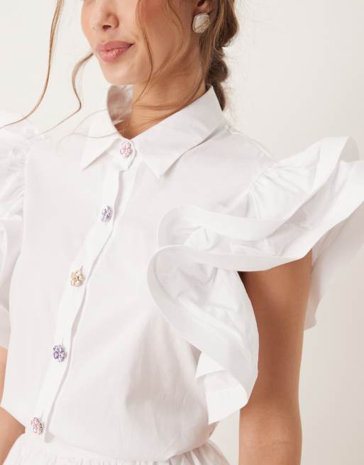 Sister Jane - Blusa bianca con volant sulle maniche e bottoni gioiello, 2 di 4