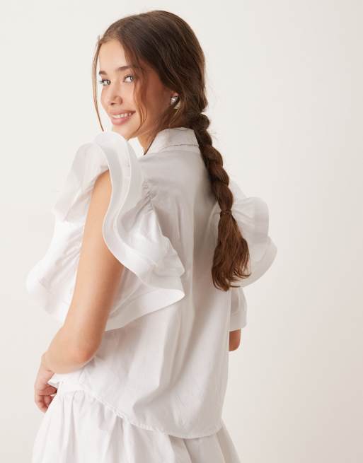 Sister Jane - Blusa bianca con volant sulle maniche e bottoni gioiello, 3 di 4