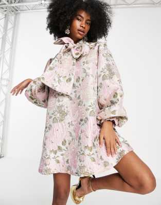 Sister Jane bold floral print jacquard dress with tie neck