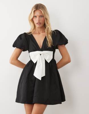 Sister Jane Bordeaux Exclusive Jacquard V-neck Puff Sleeve Mini Dress With Contrast Bow In Black