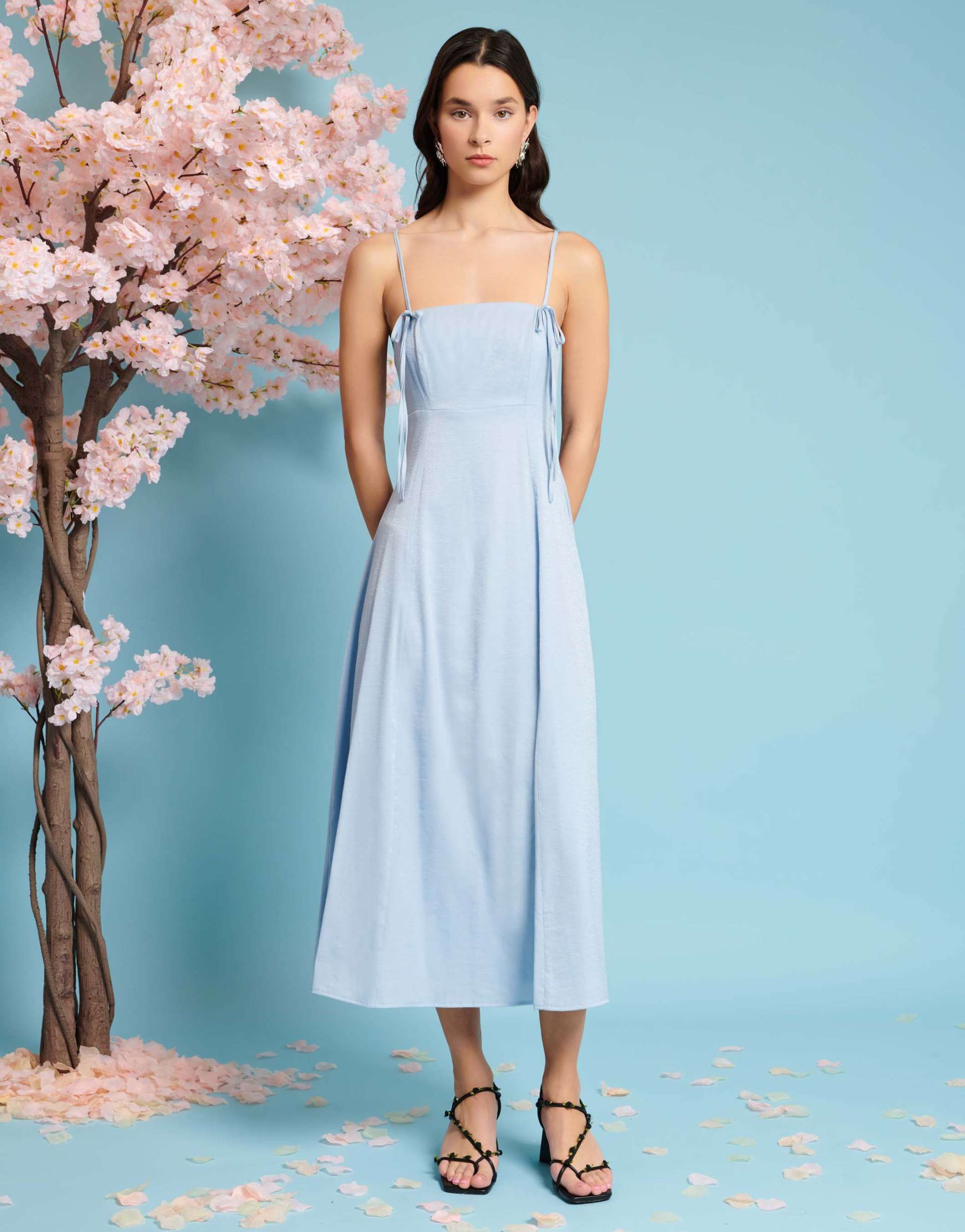 sister jane bow detail cami midi dress in blue