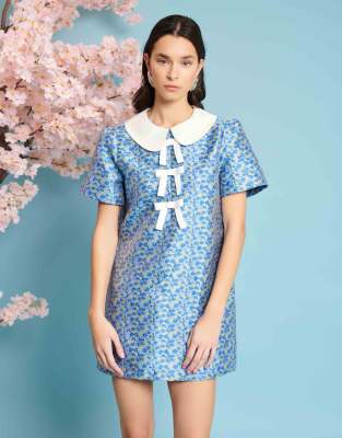 Sister Jane Bow Detail Jacquard Mini Dress In Blue Ditsy Floral